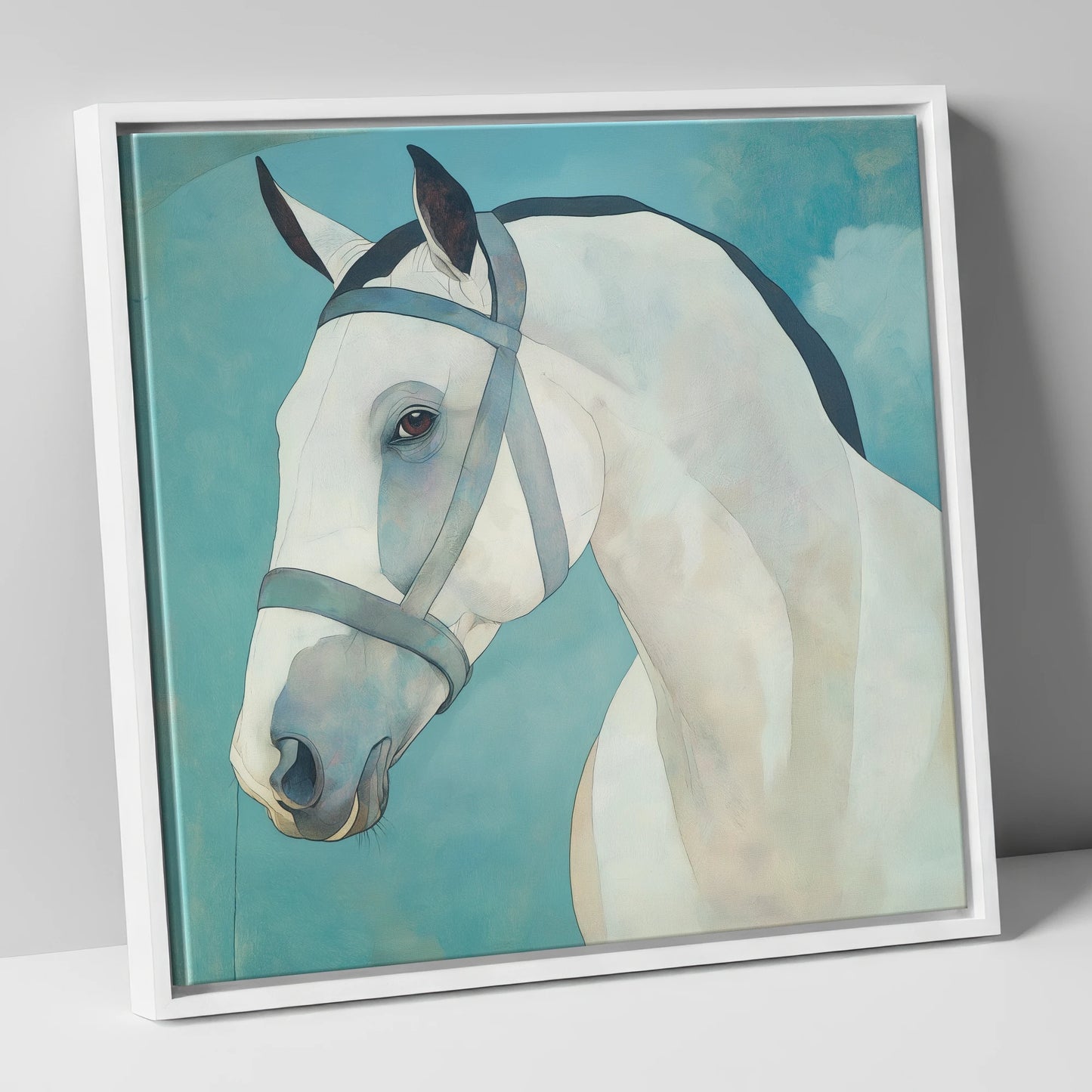 Serene Focus in Teal horse portrait canvas wall art in white frame
