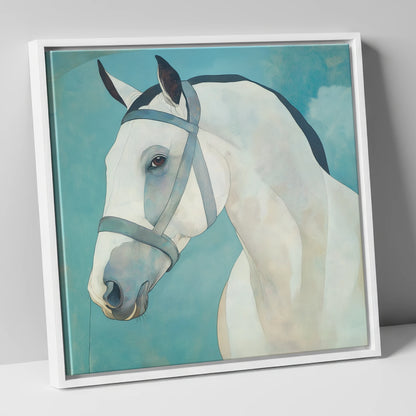Serene Focus in Teal horse portrait canvas wall art in white frame