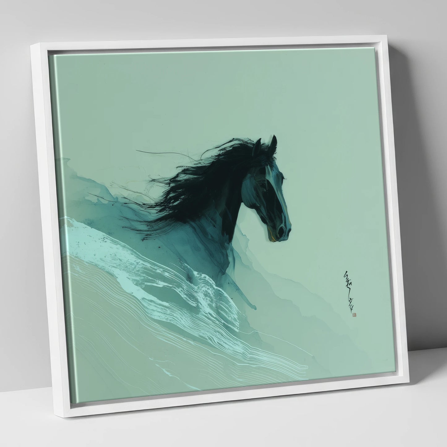Charcoal Tempest horse breed canvas wall art in white frame