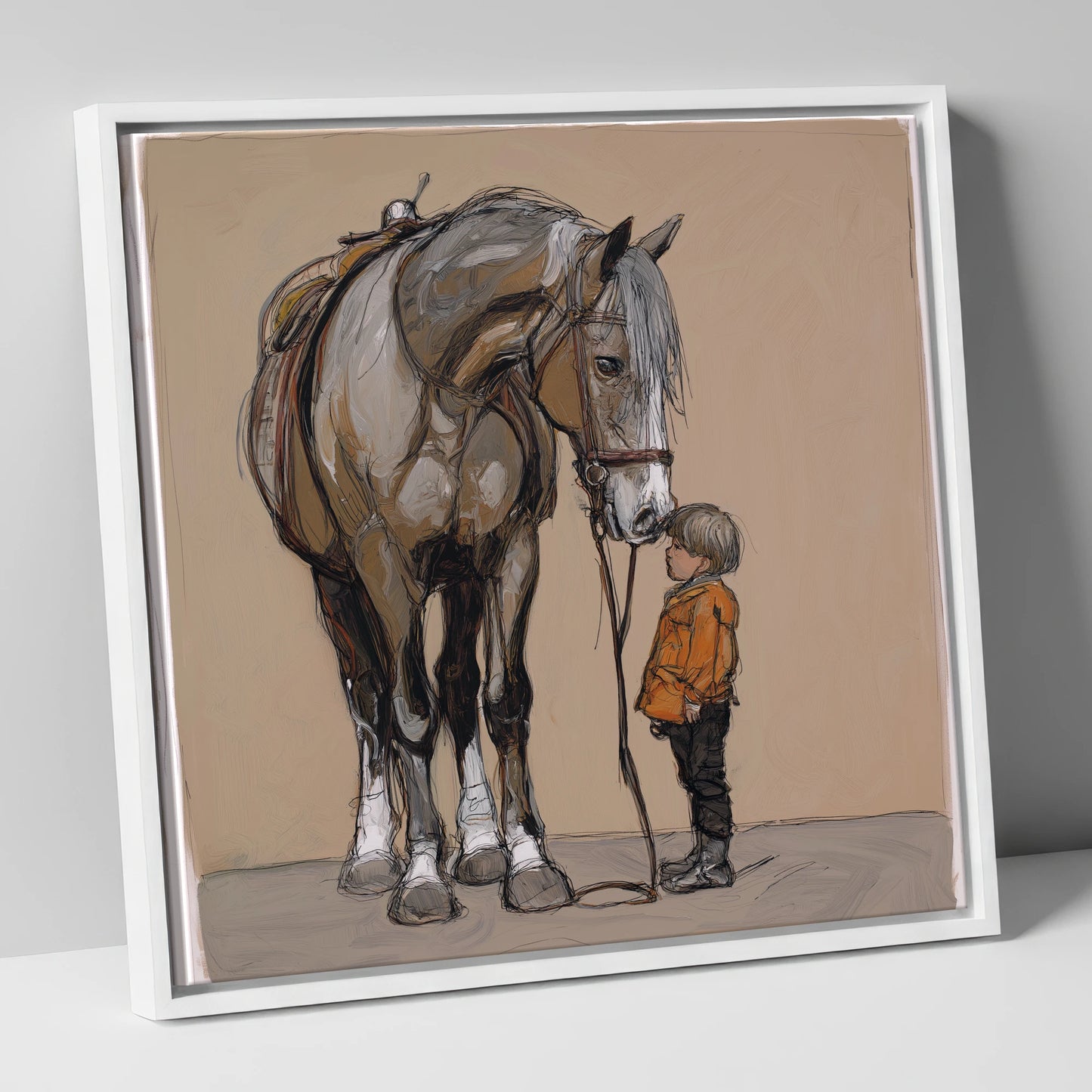 The Gentle Giant horse & rider canvas wall art in white frame