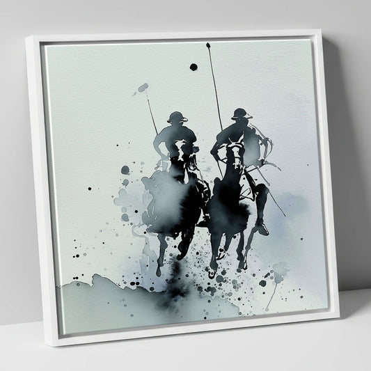 Charge of the Chukka polo horse canvas wall art in white frame