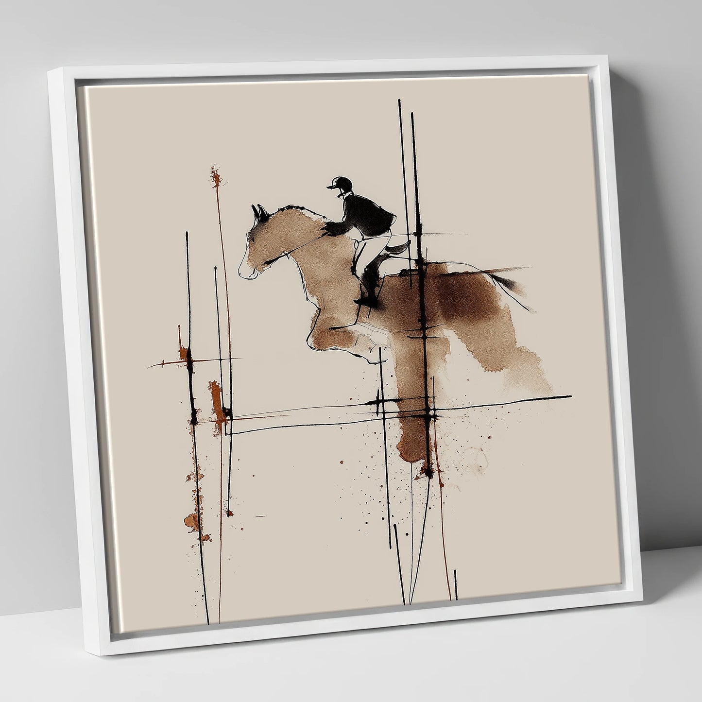 The Instant of Ascent show jumping horse canvas wall art in white frame