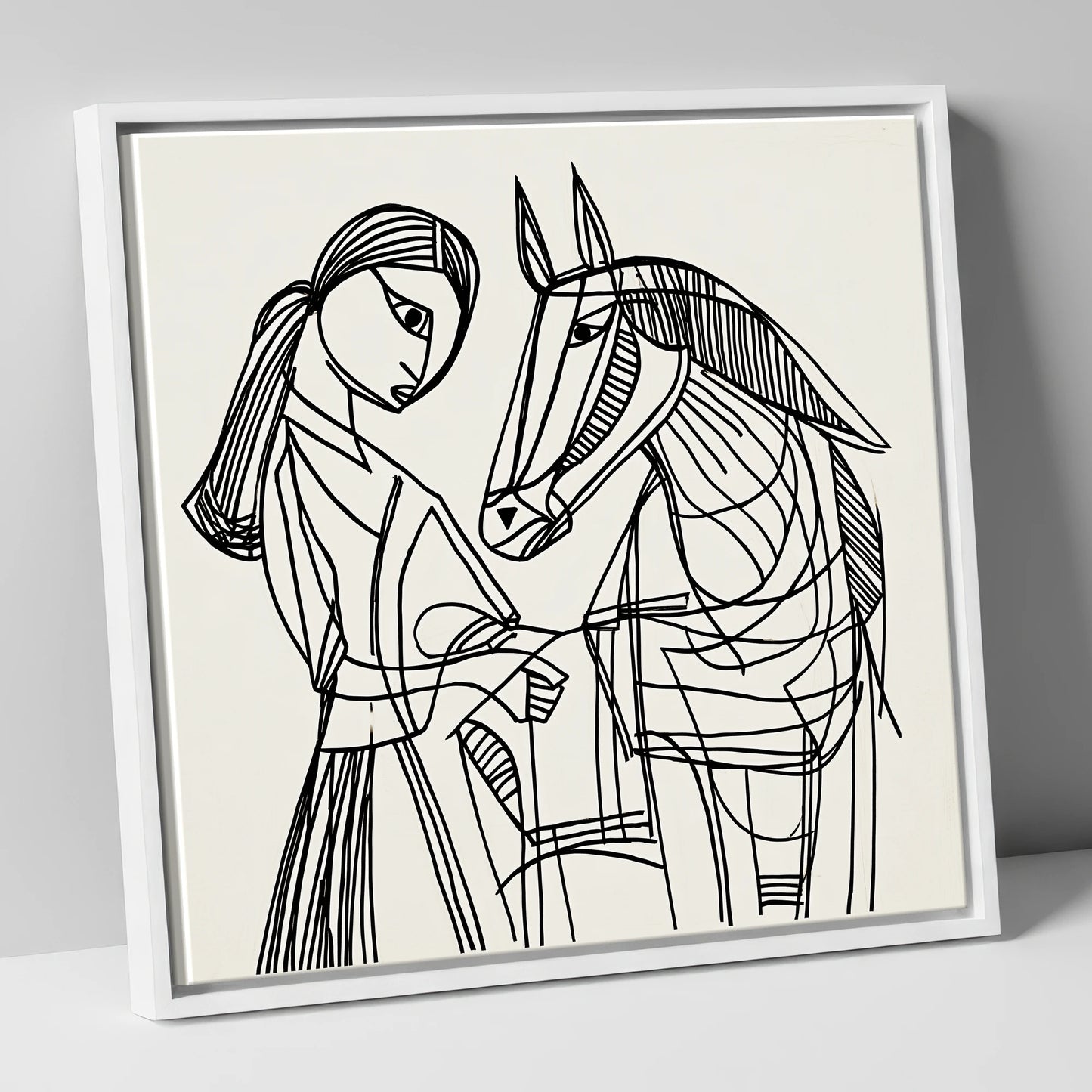 Lines of Connection horse & rider canvas wall art in white frame