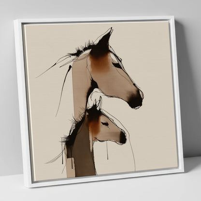 Tender Sepia Bond mare & foal canvas wall art in white frame