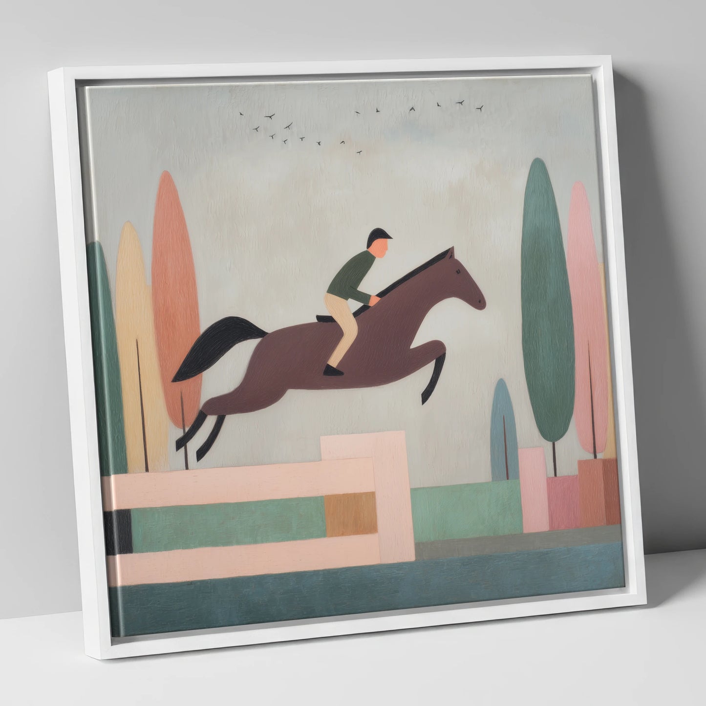 Nostalgic Clear Round show jumping horse canvas wall art in white frame