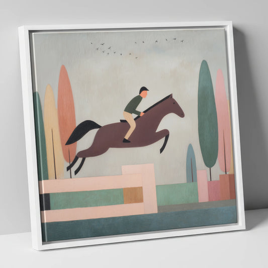 Nostalgic Clear Round show jumping horse canvas wall art in white frame