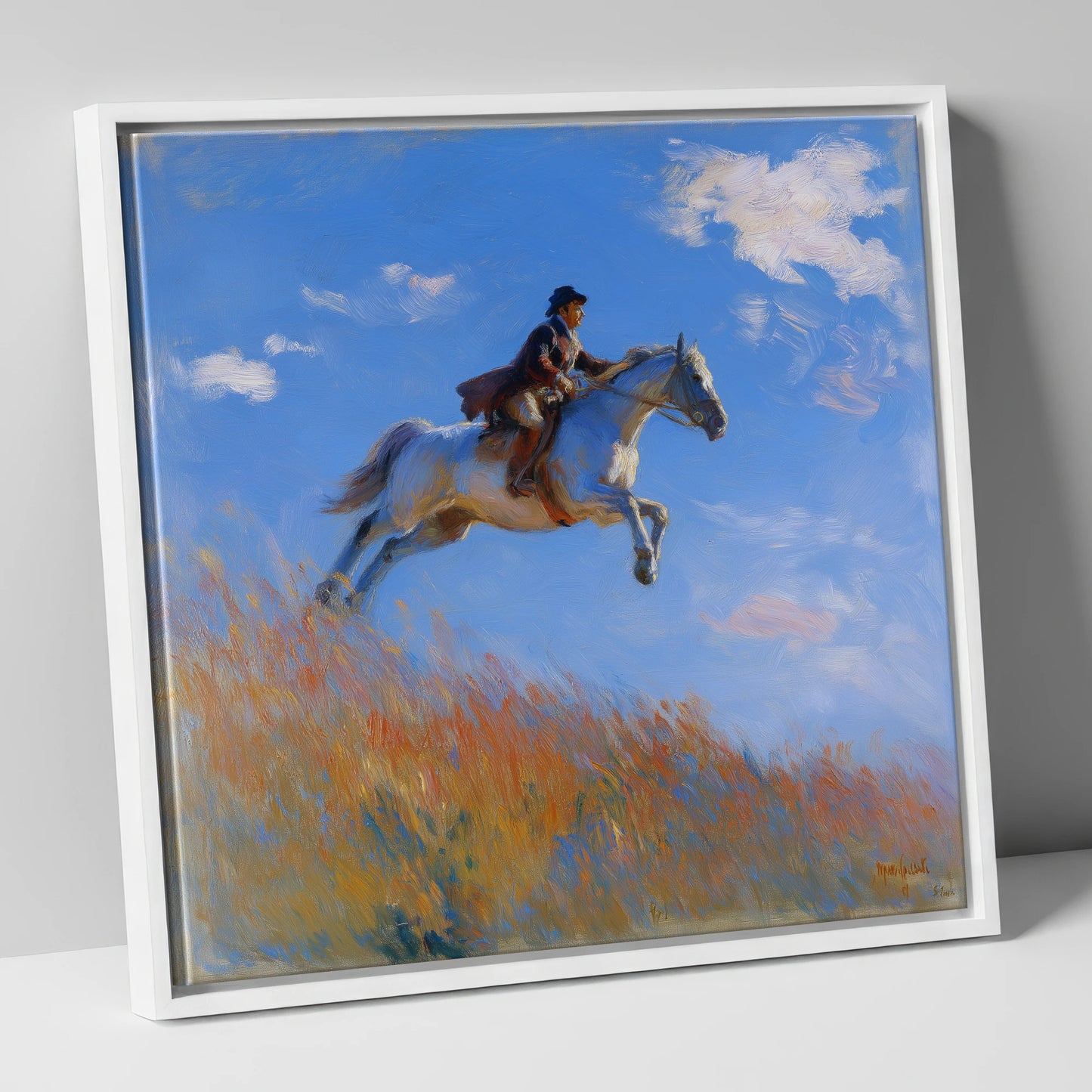 Clearing the Crest show jumping horse canvas wall art in white frame