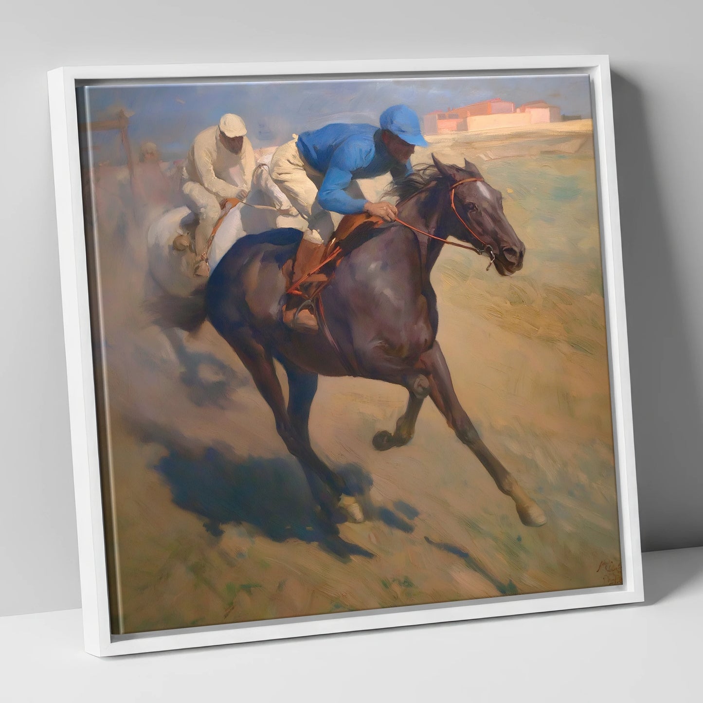 The Final Furlong racing horse canvas wall art in white frame