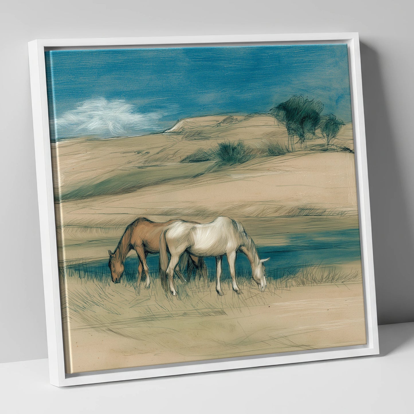 Quiet Companions horse landscape canvas wall art in white frame