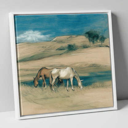 Quiet Companions horse landscape canvas wall art in white frame
