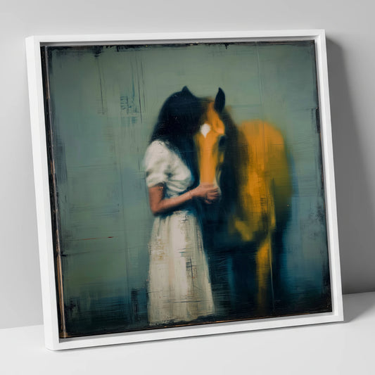 Silent Devotion horse & rider canvas wall art in white frame