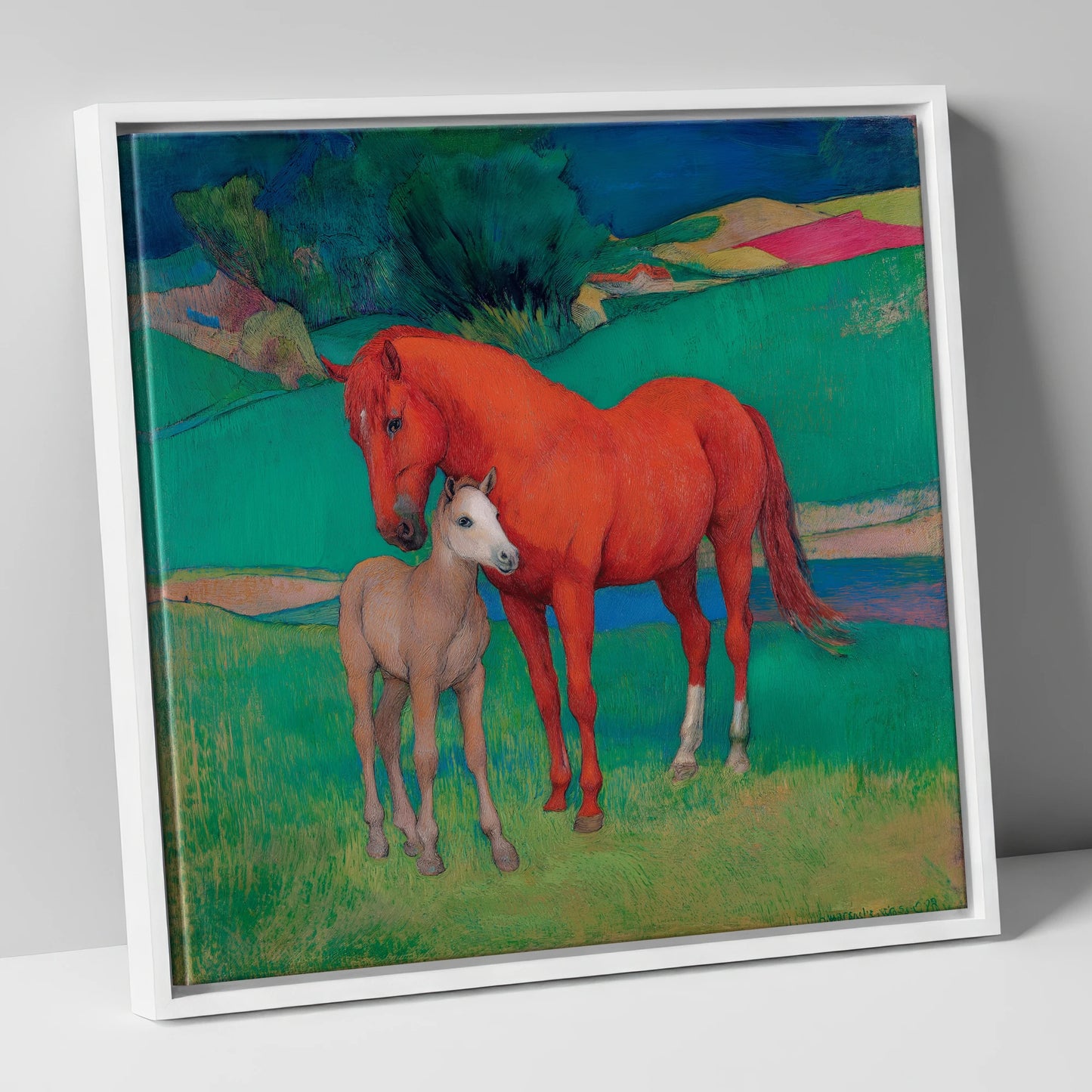 Vibrant Maternal Bond mare & foal canvas wall art in white frame