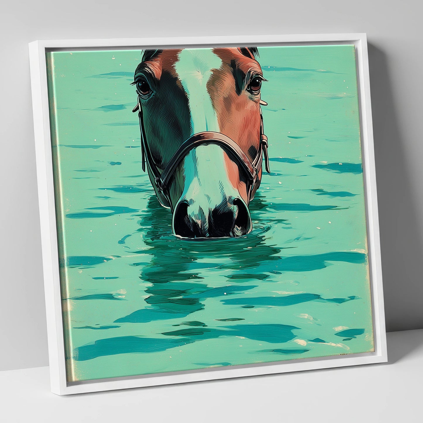 Teal Water Swim beach horse canvas wall art in white frame