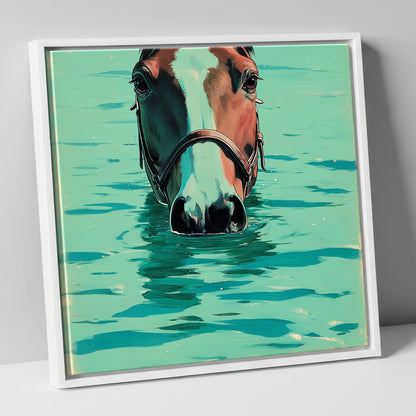 Teal Water Swim beach horse canvas wall art in white frame