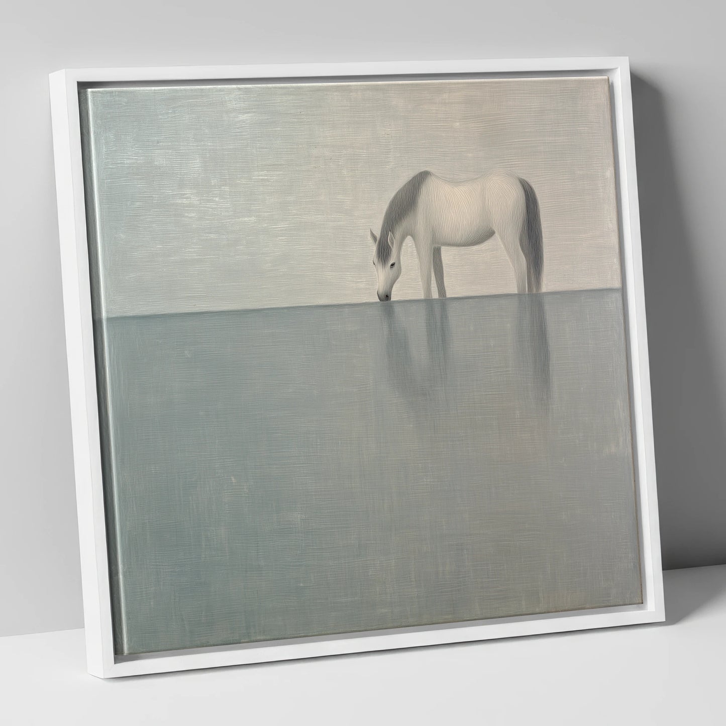 Silver Stillness horse landscape canvas wall art in white frame