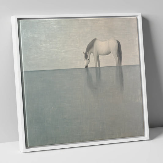 Silver Stillness horse landscape canvas wall art in white frame