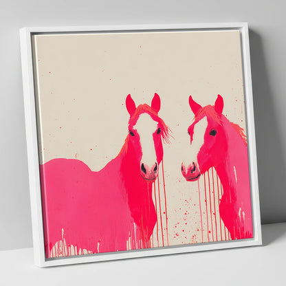 Vivid Pink Companions horse landscape canvas wall art in white frame