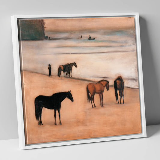 Serenity on the Sands horse landscape canvas wall art in white frame