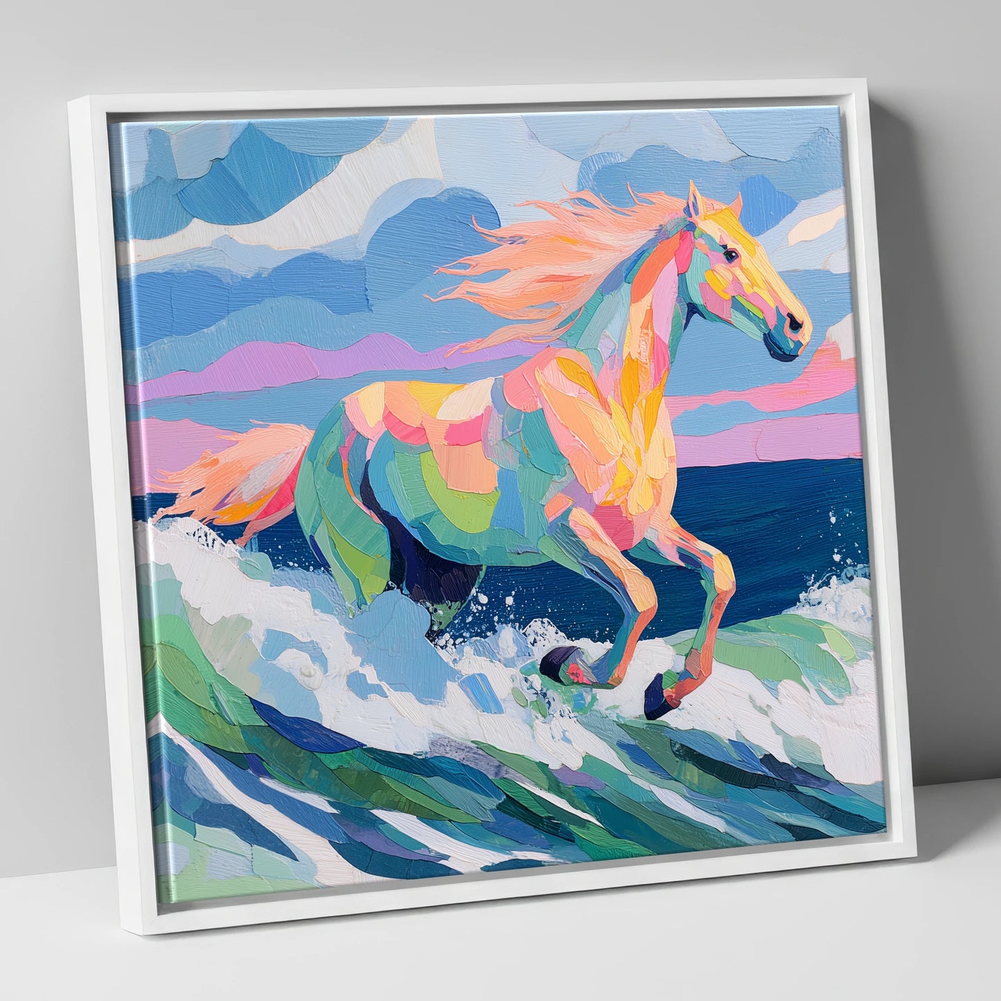 Technicolour Tide beach horse canvas wall art in white frame