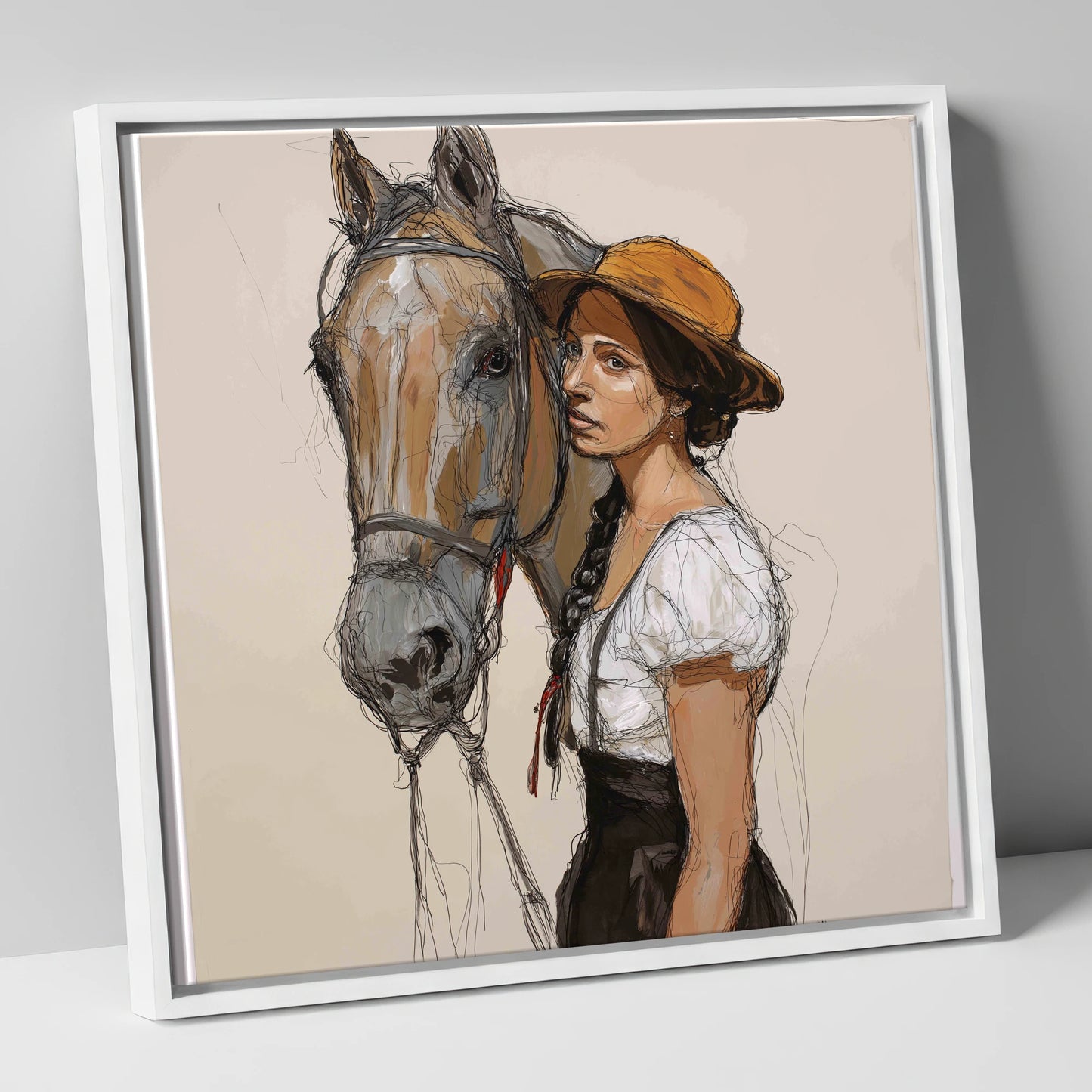 Unspoken Bond horse & rider canvas wall art in white frame