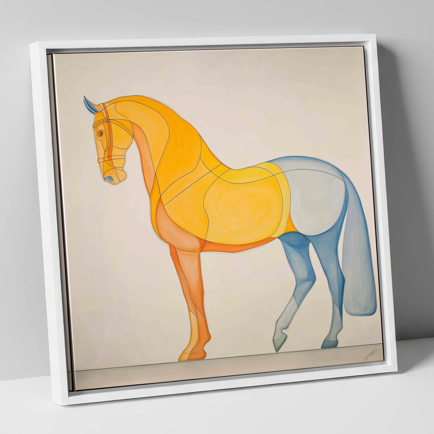 Amber and Slate Harmony dressage horse canvas wall art in white frame