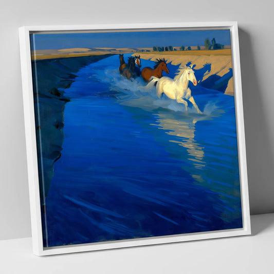 Azure Water Crossing wild horses canvas wall art in white frame