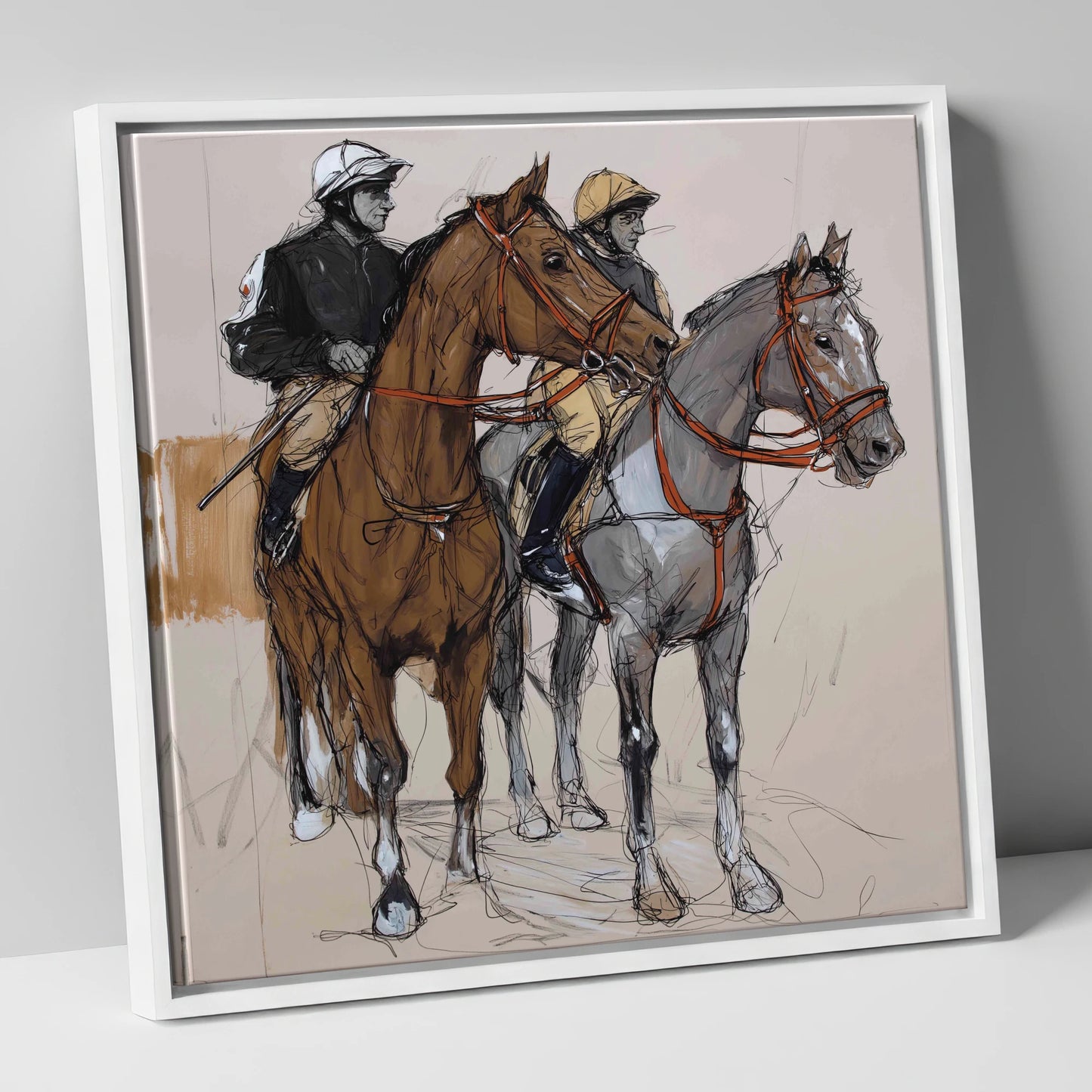 Waiting for the Off racing horse canvas wall art in white frame