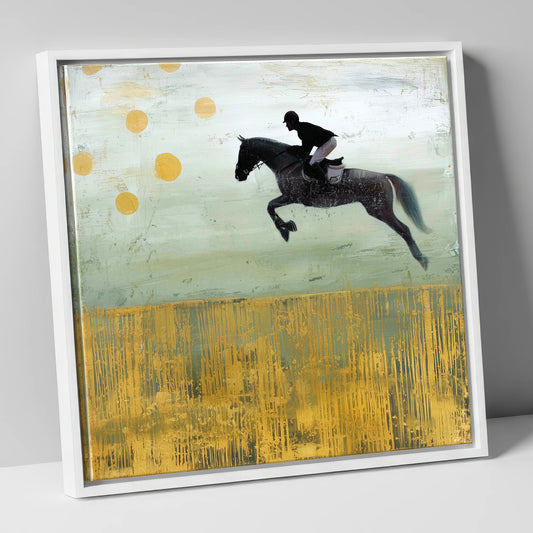 Gilded Flight show jumping horse canvas wall art in white frame