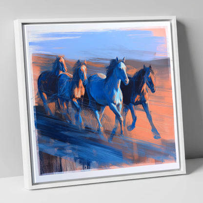 Cobalt Horizon Herd wild horses canvas wall art in white frame