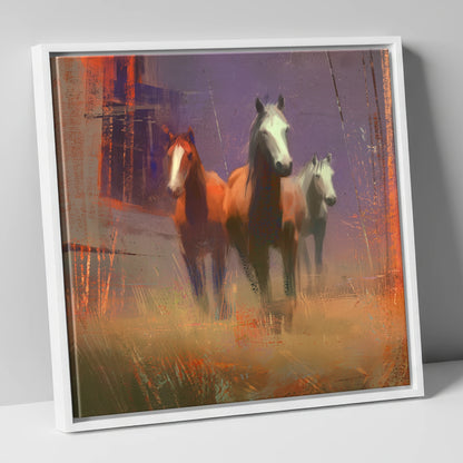 Haze and Embers wild horses canvas wall art in white frame