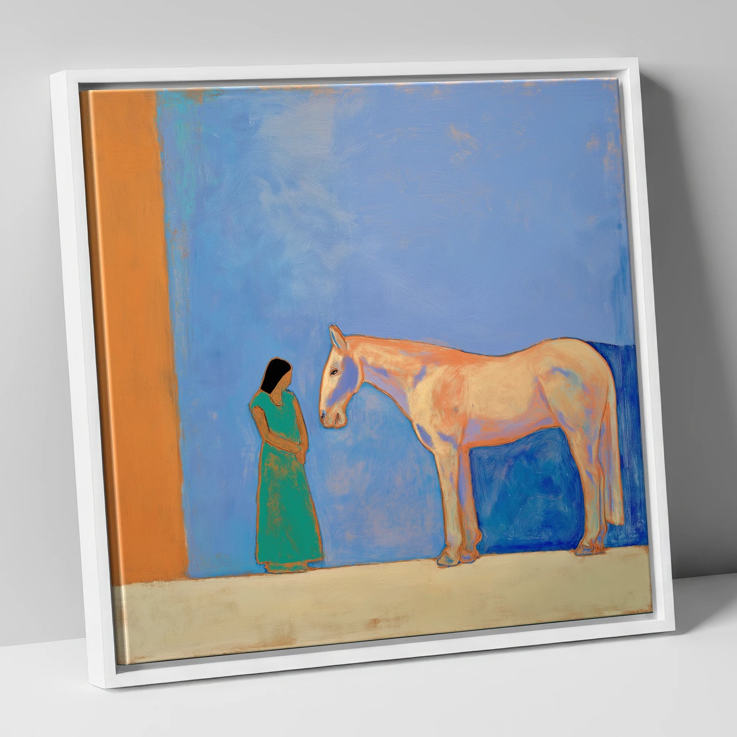Silent Understanding horse & rider canvas wall art in white frame
