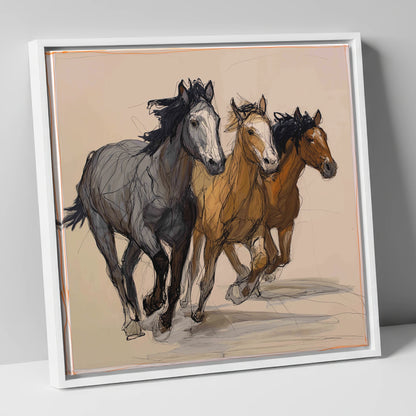 Spirited Trio wild horses canvas wall art in white frame