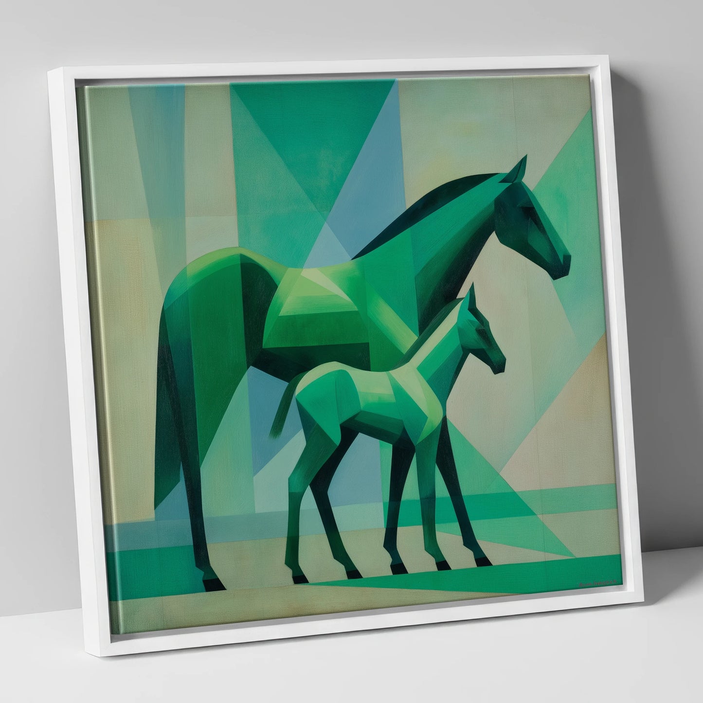 Facets in Emerald mare & foal canvas wall art in white frame
