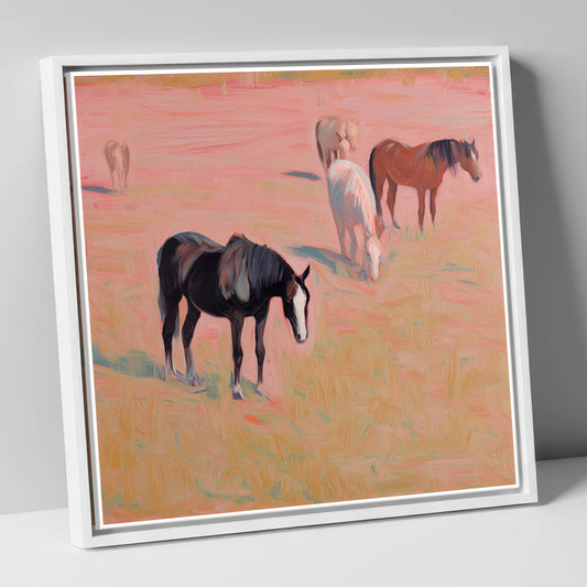 Dusky Rosa Pastures wild horses canvas wall art in white frame