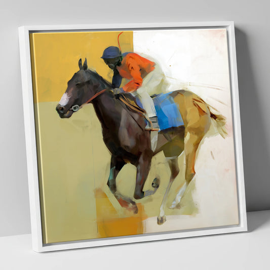 Full Stretch Momentum racing horse canvas wall art in white frame