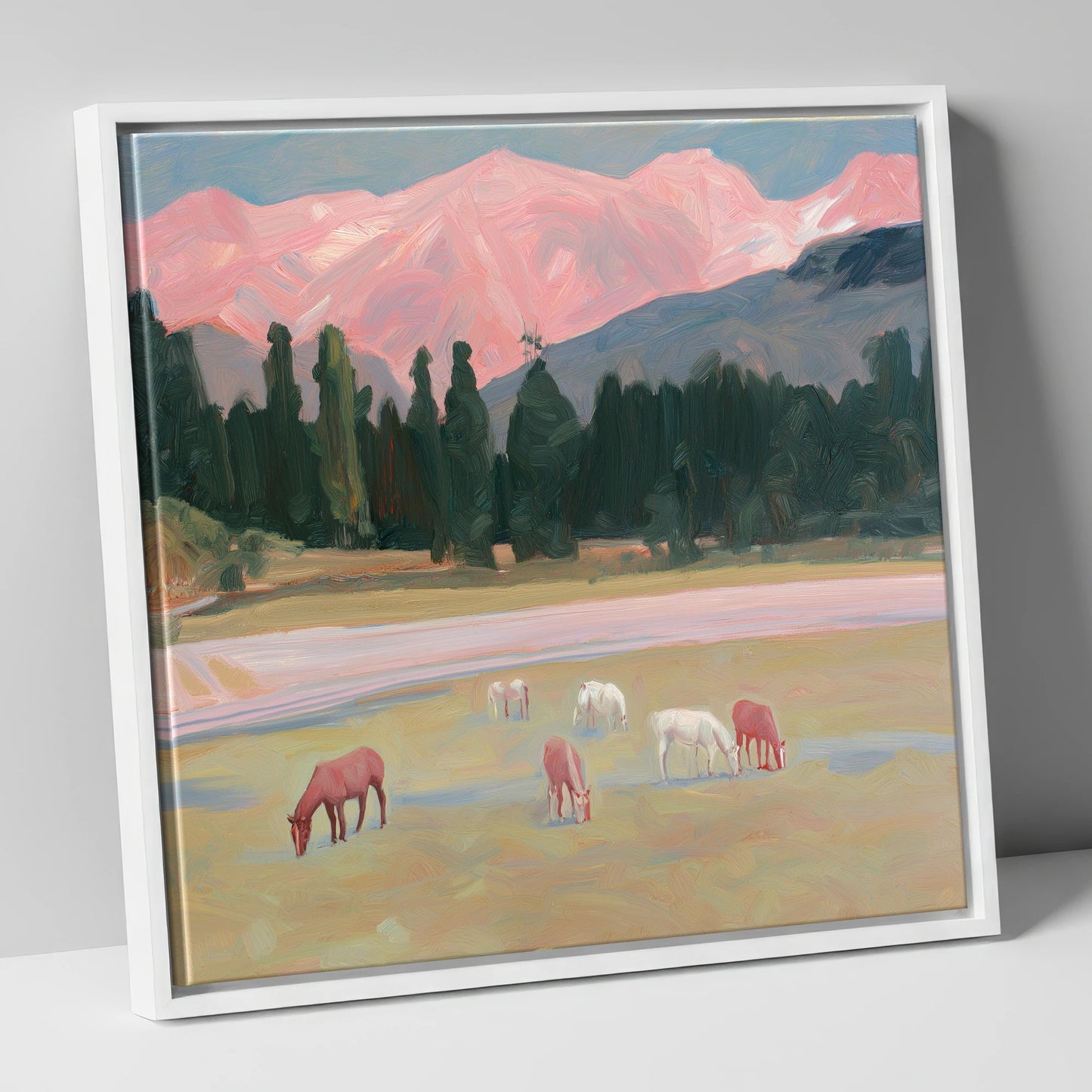 Alpenglow Pastures horse landscape canvas wall art in white frame