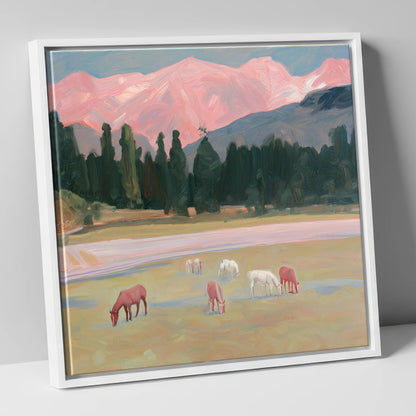 Alpenglow Pastures horse landscape canvas wall art in white frame