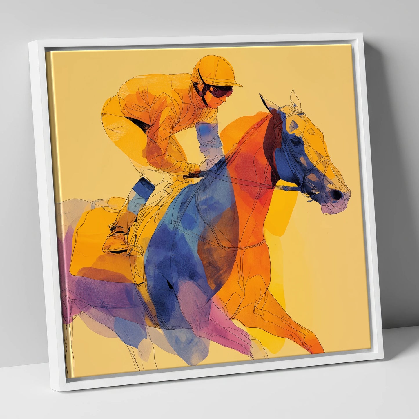 Prismatic Racing Stride racing horse canvas wall art in white frame