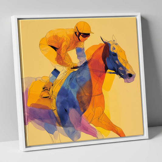 Prismatic Racing Stride racing horse canvas wall art in white frame