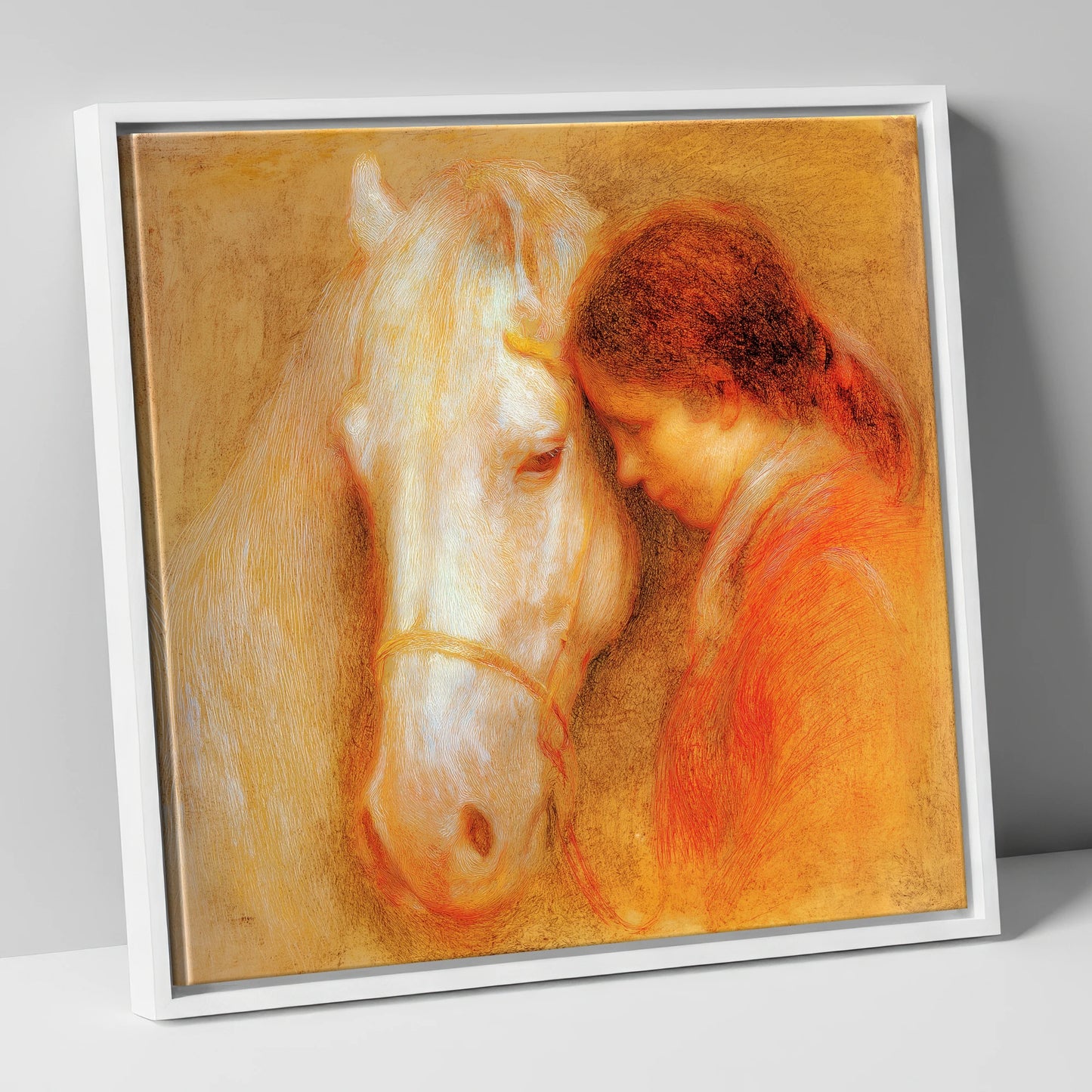 The Unspoken Bond horse & rider canvas wall art in white frame