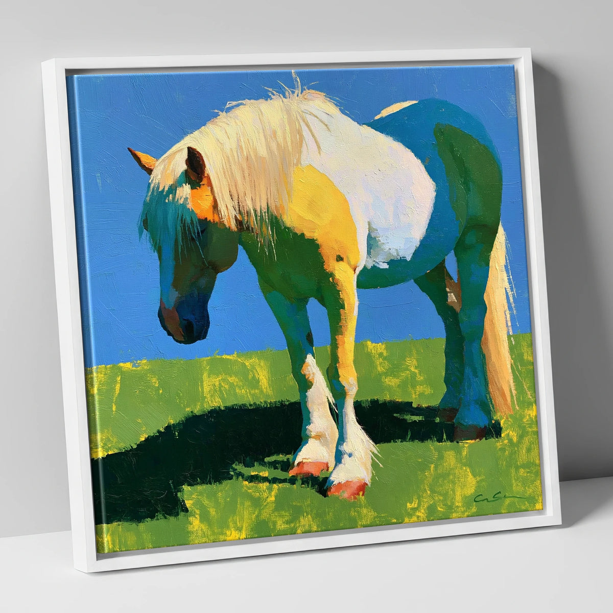 Colourful Cob in Summer Sunlight horse breed canvas wall art in white frame
