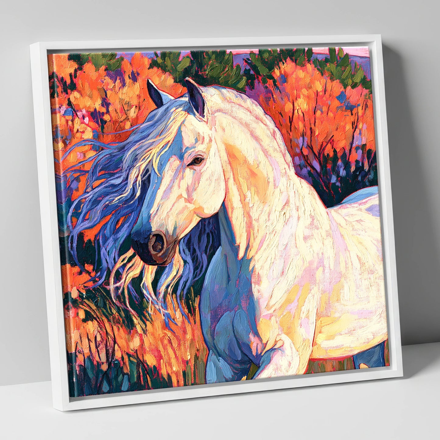 Vibrant White Andalusian Horse horse breed canvas wall art in white frame