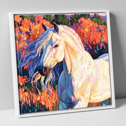 Vibrant White Andalusian Horse horse breed canvas wall art in white frame