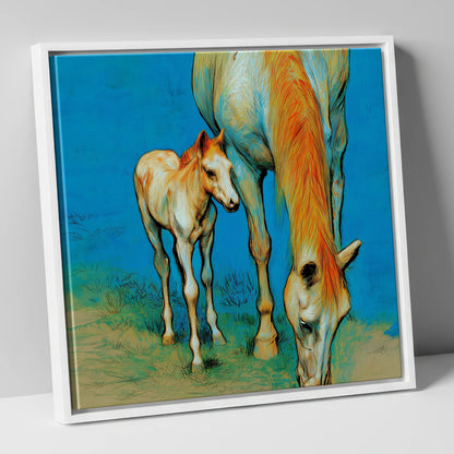 Nurture and Nature mare & foal canvas wall art in white frame