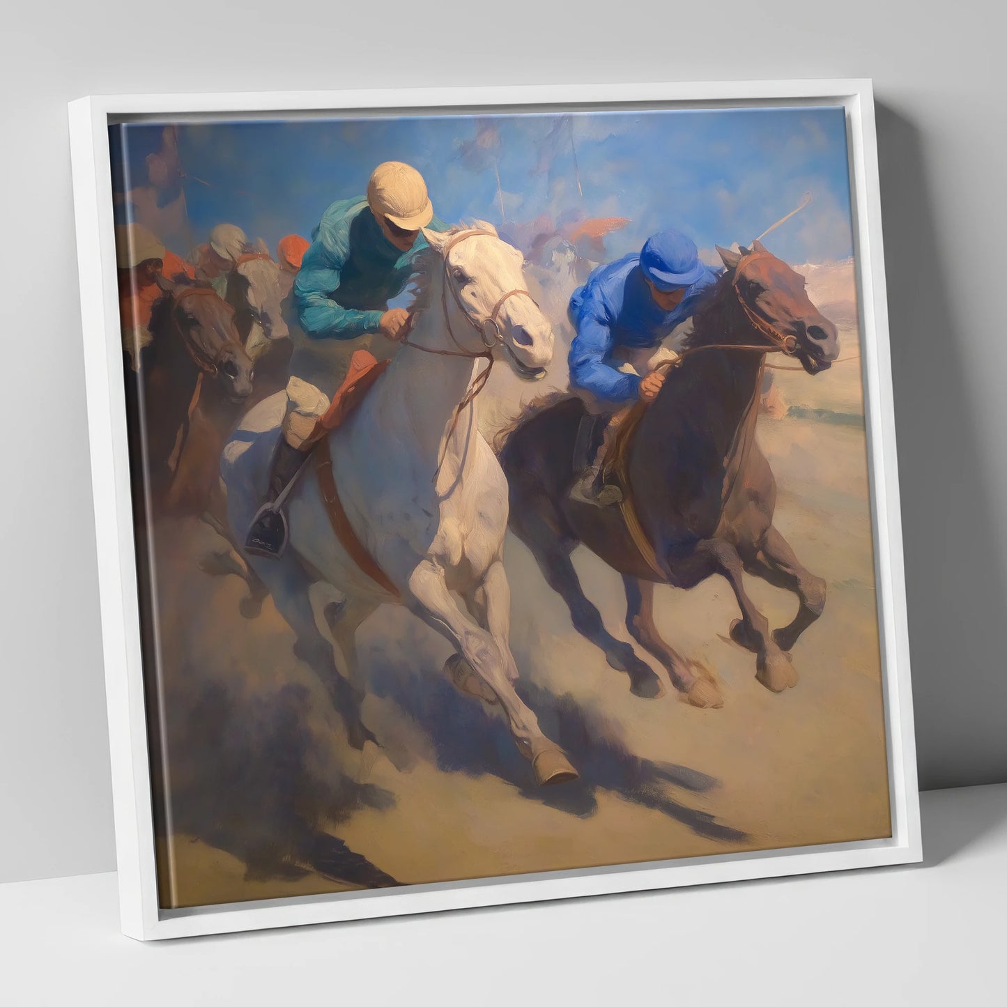 The Final Furlong racing horse canvas wall art in white frame