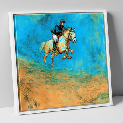 Flight in Cerulean show jumping horse canvas wall art in white frame