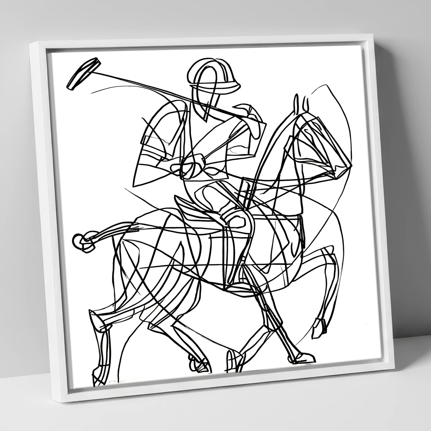 Linear Polo Strike polo horse canvas wall art in white frame