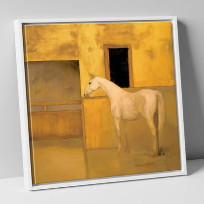 Ochre and Cream horse stable canvas wall art in white frame