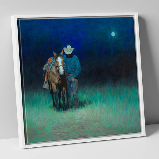 Under the Western Moon western horse canvas wall art in white frame