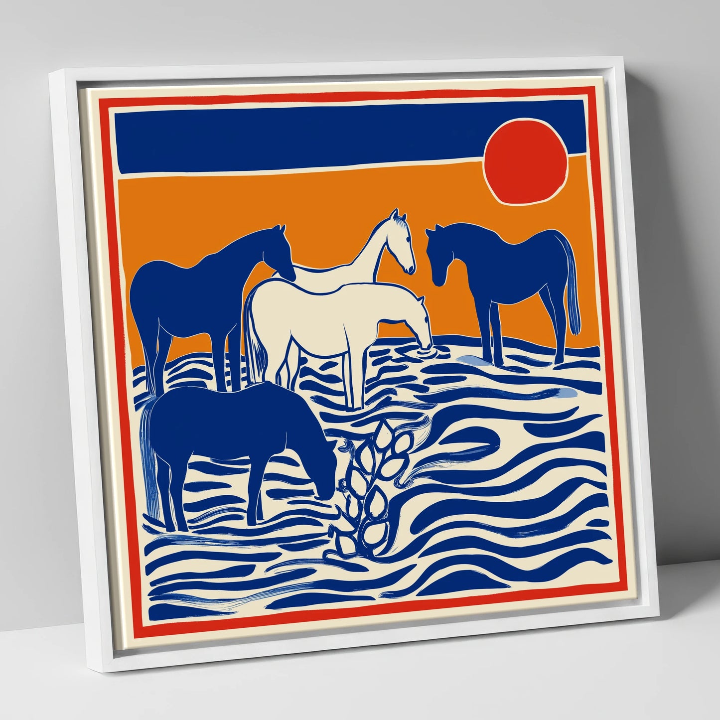 Wild Sapphire Shallows wild horses canvas wall art in white frame